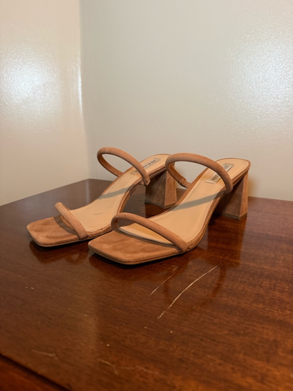 Steve Madden Suede Double-Strap Block Heel Sandals in Tan